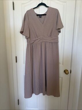 Flutter-Sleeve Taupe Midi Dress with V-Neck